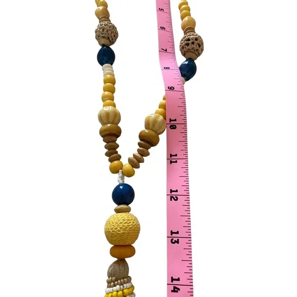 Chico's Long Wood Bead Leather Tassel Lariat Necklace Yellow Blue statement long - Picture 9 of 16